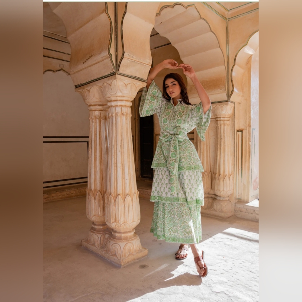 Sue Sartor Ibiza Triple Tier Hostess Dress Basil/Cardamom Sz Large